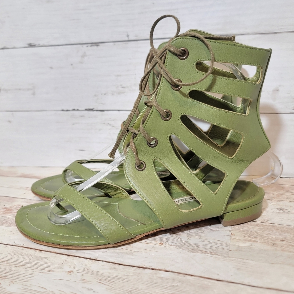 Manolo Blahnik Vestala Sandals in olive leather